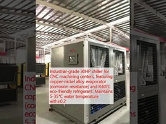 Industrial-grade 30HP chiller for CNC machining centers, featuring copper-nickel alloy evaporator (corrosion resistance) and R407C eco-friendly refrigerant. Maintains 5-35°C water temperature with±0.2